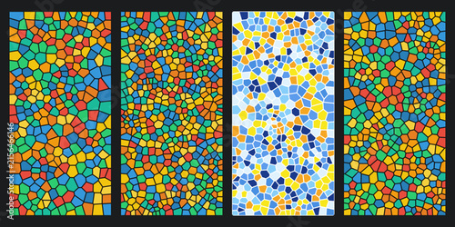 Set of abstract mosaic stained glass vertical background banners with vibrant colorful geometric patterns
