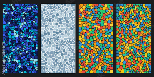 Four vertical banners with colorful abstract mosaic tile patterns, stained glass art backgrounds