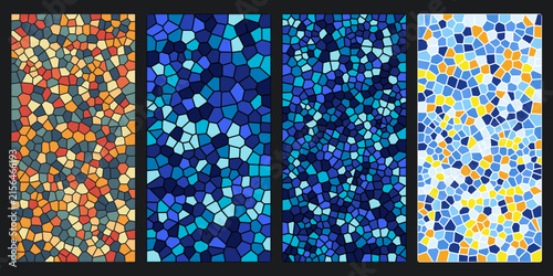Set of colorful abstract mosaic background textures featuring geometric stained glass patterns for digital wallpaper designs and creative artistic projects
