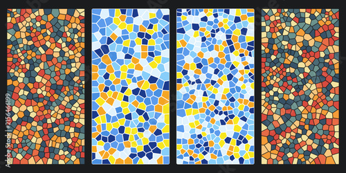 Vibrant and diverse abstract mosaic patterns featuring irregular geometric tessellations, offering a spectrum of colorful texture backgrounds for various design concepts