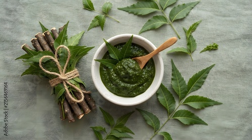 resh neem leaf paste with neem twigs and leaves