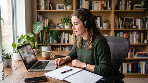 Young Woman Attending Online Class with Headphones and Laptop