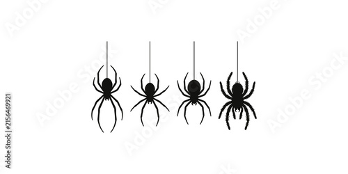 Collection of four black hanging spiders in different styles for halloween graphic design.