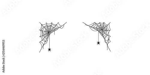 Cuadro en lienzo Two corner spider web designs with dangling spiders for halloween party decorations