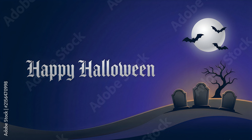 Spooky Halloween background with cemetery tombstones, gothic Happy Halloween greeting card, dark graveyard scene under full moon isolated on White Background