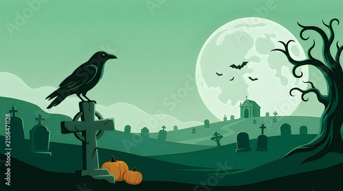 Spooky Halloween cemetery landscape with black raven on gravestone, eerie graveyard under full moon, creepy night background isolated on White Background