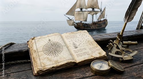 Ancient manuscript compass and sextant on wooden ship deck overlooking ocean with navigation