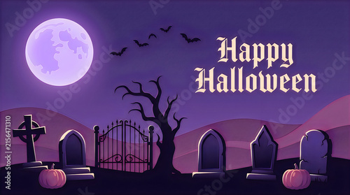 Spooky Halloween graveyard banner with full moon, gothic cemetery background with tombstones and bats, purple holiday greeting card isolated on White Background