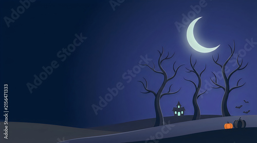 Spooky Halloween night background with crescent moon, creepy bare trees on a dark hill, haunted house landscape isolated on White Background