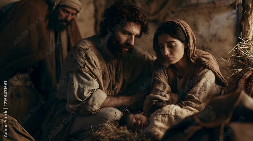 Obraz premium Close up of mary and joseph watching over newborn baby jesus