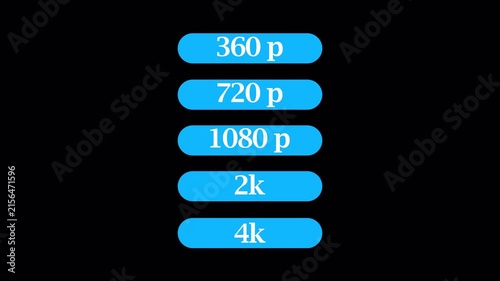 Animated Digital resolution options: 360p, 720p, 1080p, 2 k, 4 k, and 8 k display settings menu animation  on transparent background in 4K animation with alpha channel 