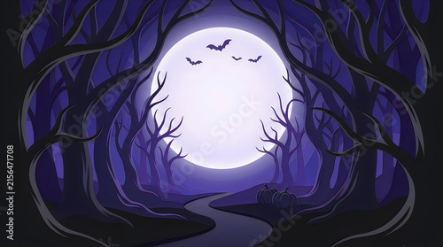 Spooky Halloween forest with full moon, creepy dark woods night landscape, eerie path with bats and pumpkins isolated on White Background