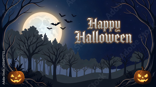 Spooky Halloween background with full moon, glowing jack o lantern pumpkins in dark forest, gothic holiday greeting card isolated on White Background