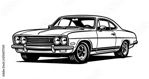 Classic white muscle car with four headlights parked front view illustration