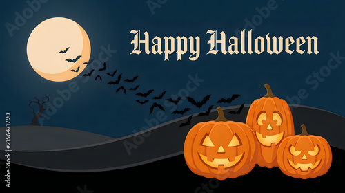 Happy Halloween greeting card, spooky night background with glowing jack o lanterns, flying bats and full moon isolated on White Background