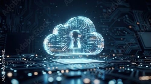 A glowing cloud with a padlock icon hovering above a digital circuit board for data sovereignty.