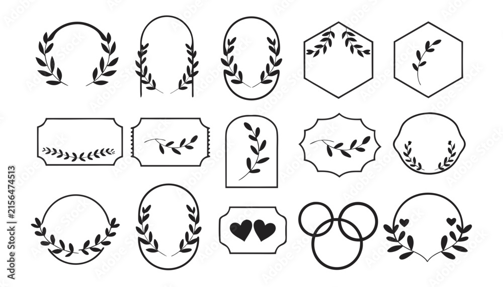 Obraz premium Collection of floral ornaments and geometric frames presents a delicate black and white vector design botanical foliage ornament wreath