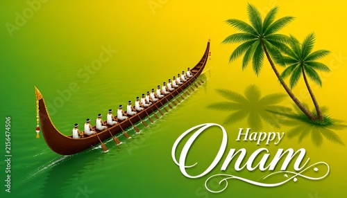 happy Onam celebration with abstract vector illustration design of Kerala boat race with peoples