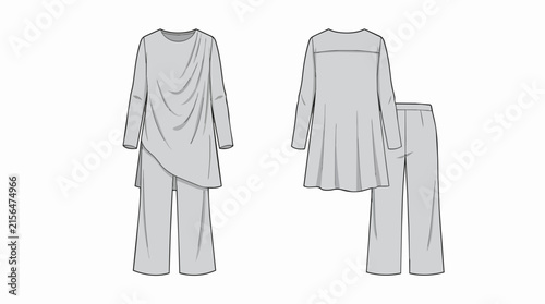 Technical Fashion Flat Sketch of Women Asymmetrical Long Sleeve Tunic and Wide Leg Pants Outfit Set in Gray