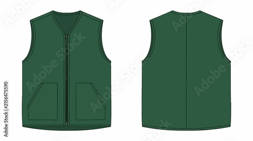 Dark Green Zip Up Vest Mockup Front and Back View for Fashion Technical Drawing and Apparel Design Template
