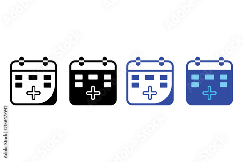 Add event calendar, create schedule, and appointment booking vector icon set. Wall calendar page with plus add sign for adding new event, creating schedule, booking appointment, adding task, and mobil