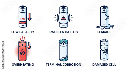 Battery failure icons illustrate various issues including low capacity, swollen batteries, leakage, overheating, terminal corrosion, and damaged cells on a clean white background.