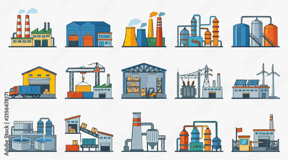 Fototapeta premium Corporate Industrial Facility Icons Set Colorful Illustrations of Factories Warehouses Power Plants and Renewable Energy Sites