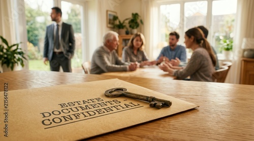 Probate lawyer services with estate documents and a key on a wooden table.