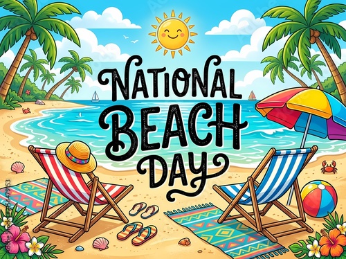 National Beach Day Cartoon Scene Deck Chairs Sunny Ocean Paradise