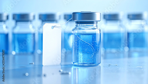 Medical Vaccine Vials: A close-up view of a single medical vial filled with vibrant blue liquid, positioned in front of a blurred background of identical vials.