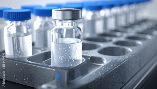 Vaccine Vials in Tray: A close-up shot showcases a row of sterile vaccine vials with blue caps, neatly arranged in a gray laboratory tray, ready for medical use or research.