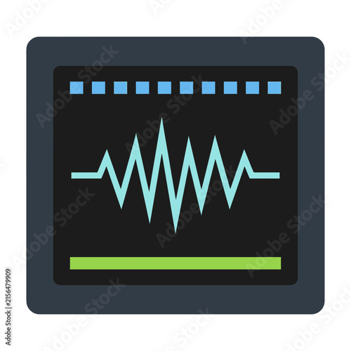 Audio waveform signal graph on screen with blue and green elements on dark background