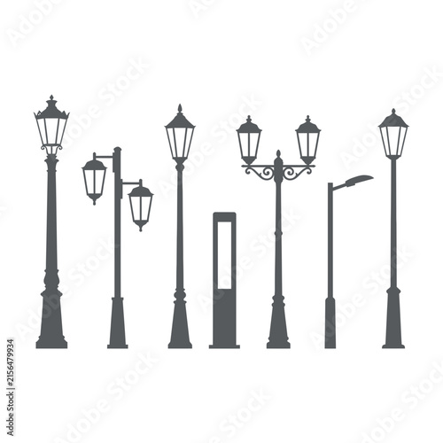 Street lamps and light posts in various styles and designs outdoor