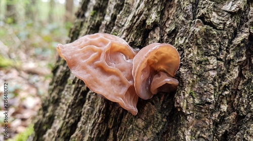 Wood ear mushrooms growing on a mossy tree trunk