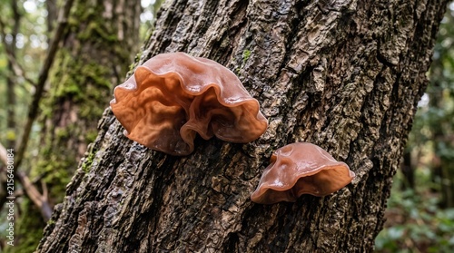 Wood ear mushrooms growing on a mossy tree trunk