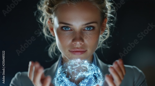 Confident businesswoman holding a glowing digital planet earth hologram in dark high-tech background