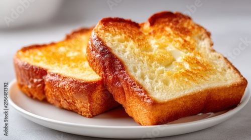 Close-up of golden butter toast slices on a white plate with warm morning light