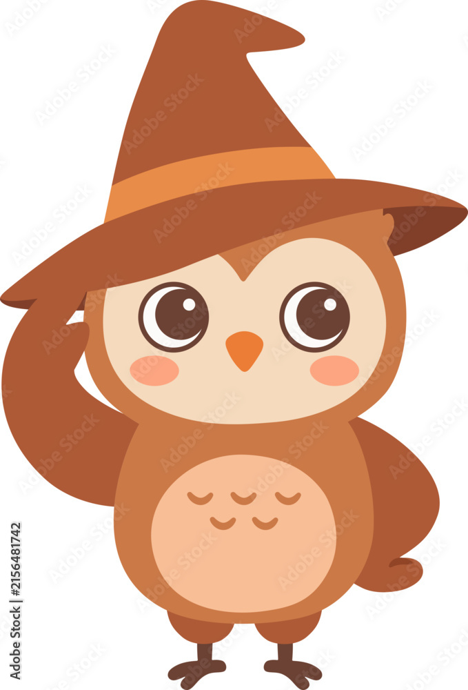 Fototapeta premium Cute Kawaii Brown Owl Wearing Witch Hat Saluting Wing, Spooky Magic Halloween Seasonal Bird, Friendly Happy Animal Character Single Object Isolated Minimalist Flat Design Style Art