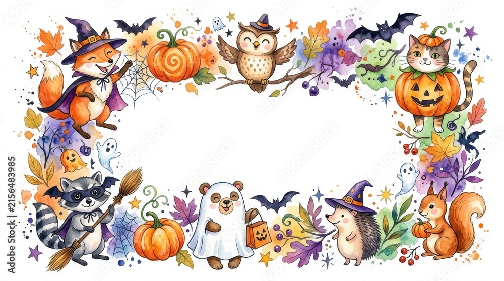 Obraz premium Watercolor Halloween border with cute forest animals in costumes