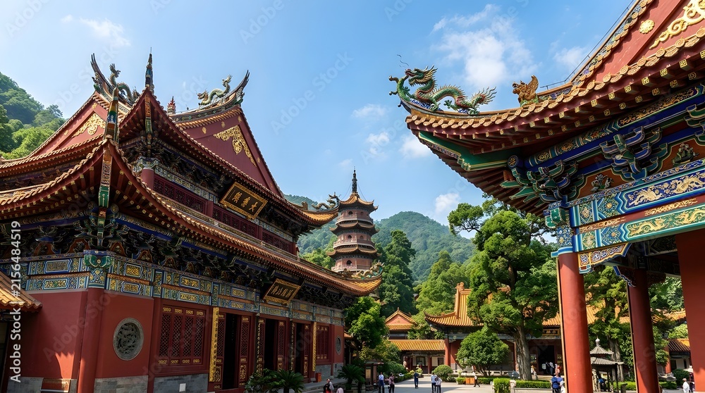 Fototapeta premium Ancient chinese temple complex with ornate red and gold buildings surrounded by lush green hills.