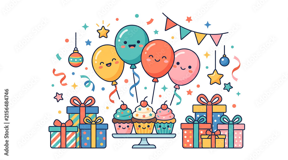 Fototapeta premium Colorful birthday celebration with balloons, gifts, and cupcakes.