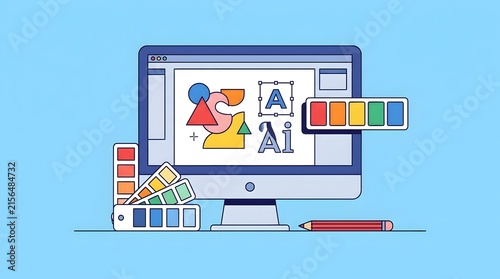 Graphic designer working on digital project with computer display illustrating vector tools.