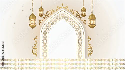 Islamic background with golden lanterns and arch, elegant ramadan kareem greeting card design template