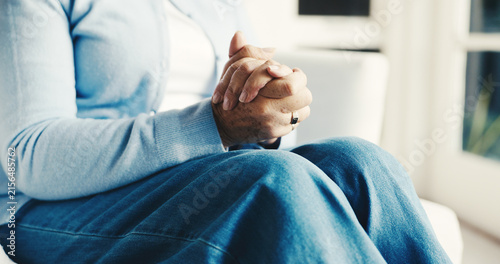 Photography Mental health, old person or hands in home with nerves, anxiety trigger or regret in trauma memory