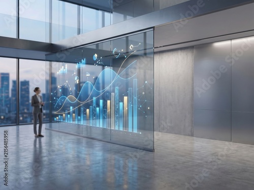 A businesswoman standing in a spacious office lobby looking at a large glass wall displaying glowing blue financial charts and data analytics
