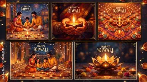 Set of diwali greeting cards with traditional oil lamps and happy indian families celebrating the festival of lights