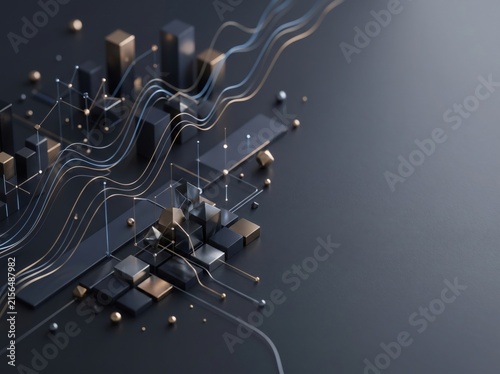 Abstract 3d visualization of a financial growth chart with dark metallic blocks and glowing light wave lines representing data trends