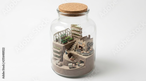 Miniature eco city model enclosed in a glass jar with cork lid on white background for sustainability concept