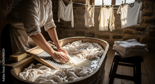 A woman is washing clothes by hand in a large basin outdoors, while other clothes are drying on a clothesline in the background.