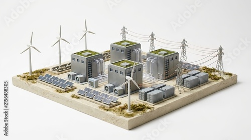 Miniature Model of Sustainable Smart Grid Substation with Wind Turbines and Solar Panels on White Background, Representing Clean Renewable Energy Infrastructure Concept